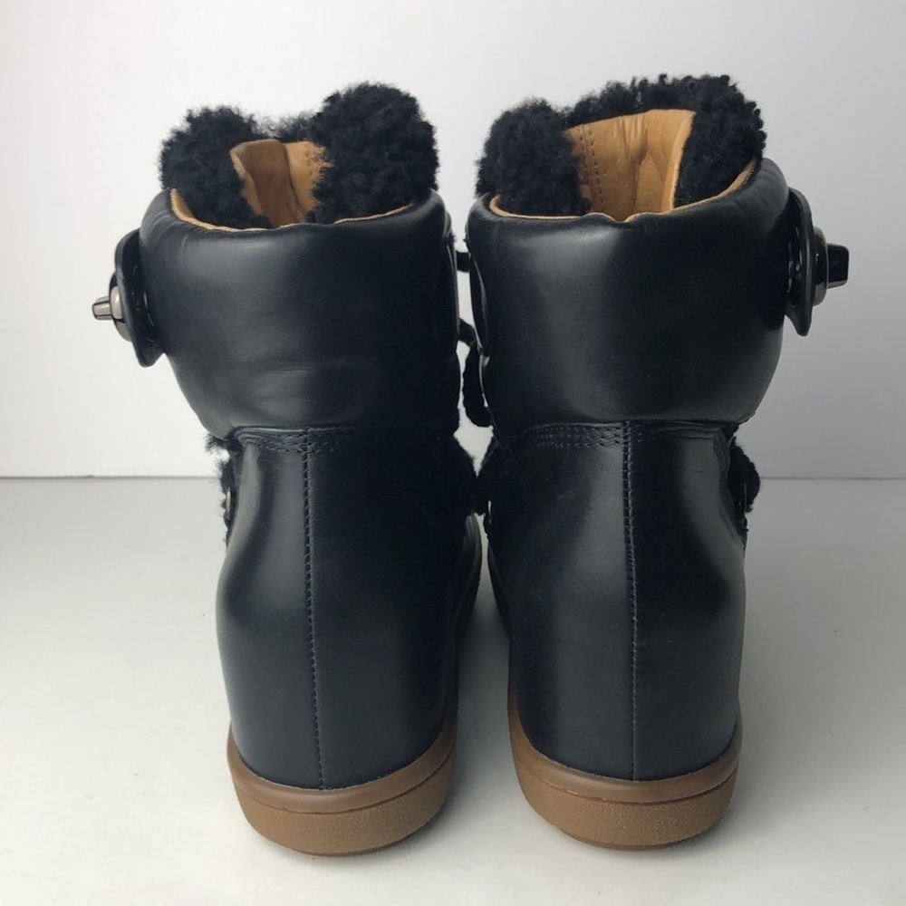 Coach Monroe Black Leather Shearling Ankle Wedge Boots 6 - Picture 4 of 11